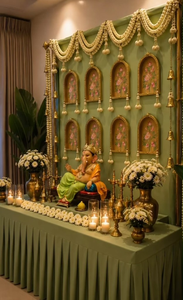 Sage Green Floral & Brass Pooja Setup decoration setup