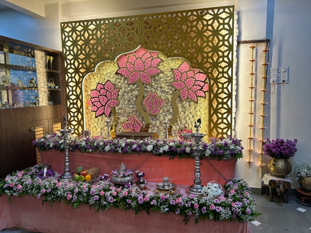 Premium Golden Lotus Pooja Stage decoration setup
